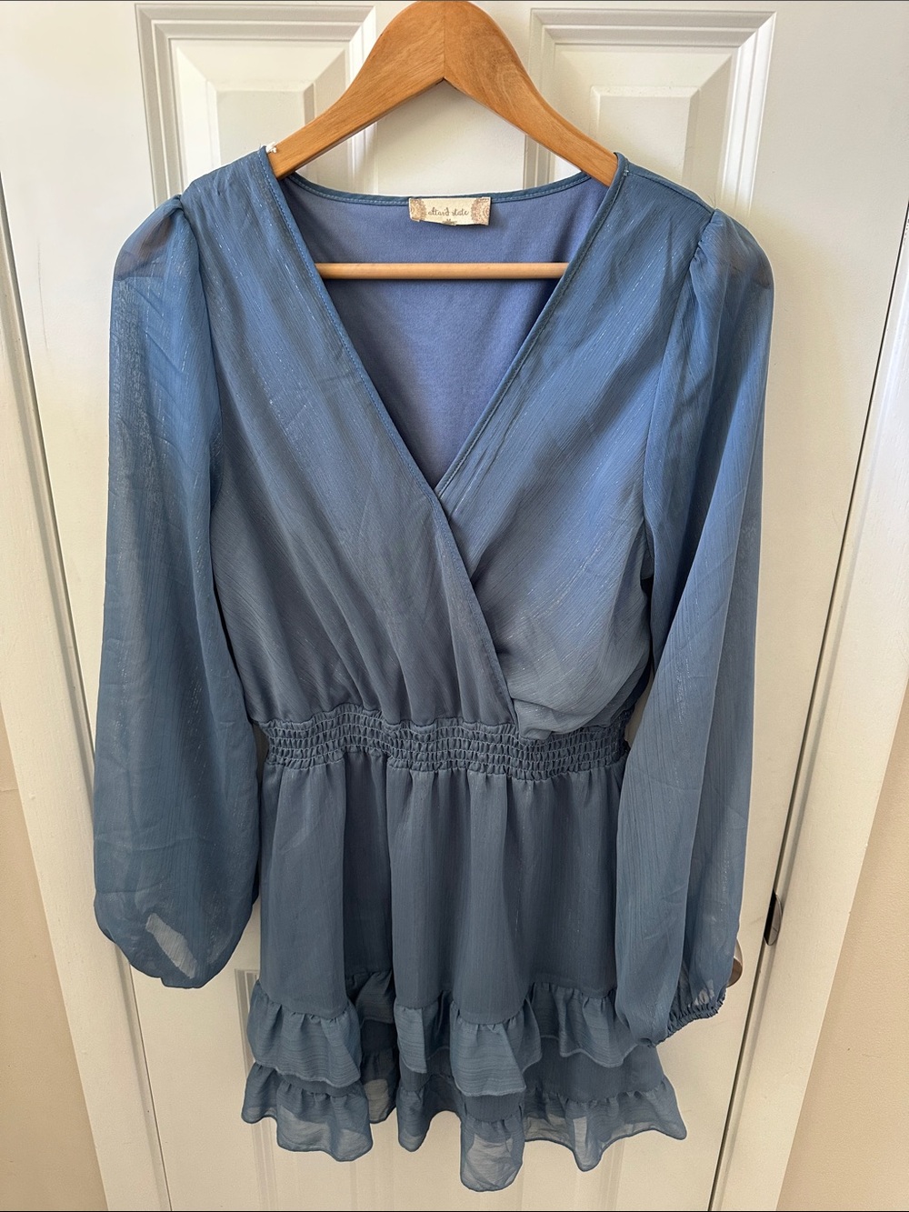 Altar'd State Dusty Blue Long Sleeve Ruffle Wrap Dress